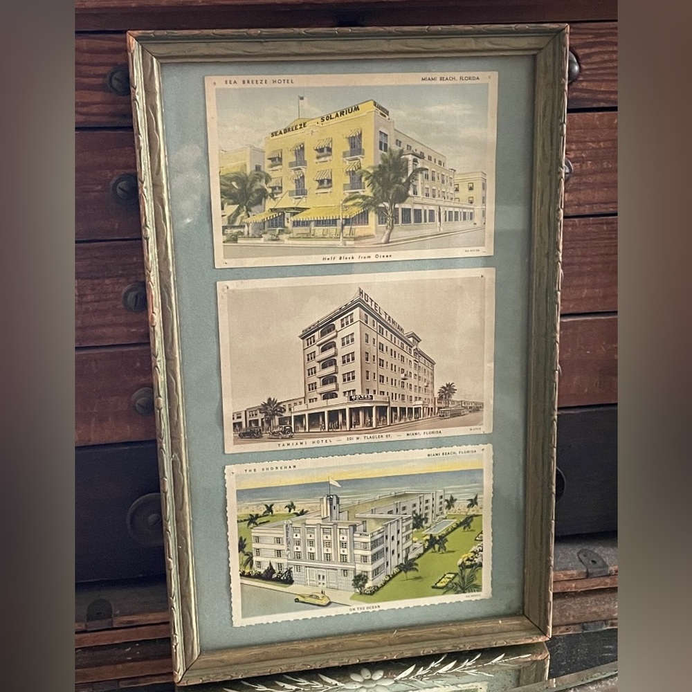 Vtg 🌴 MIAMI HOTELS Framed Post Cards 🌴